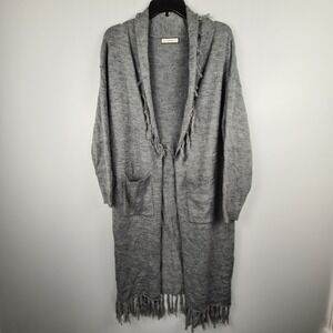 Jouetie Women's Gray Long Open Cardigan Medium Fringe Pocket Wool Blend Knit